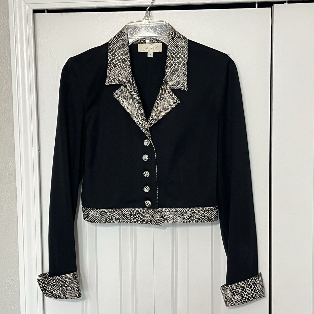 Cache Vintage Y2K Jacket Blazer Womens 4 Black Snakeskin Trim Cropped Party Work